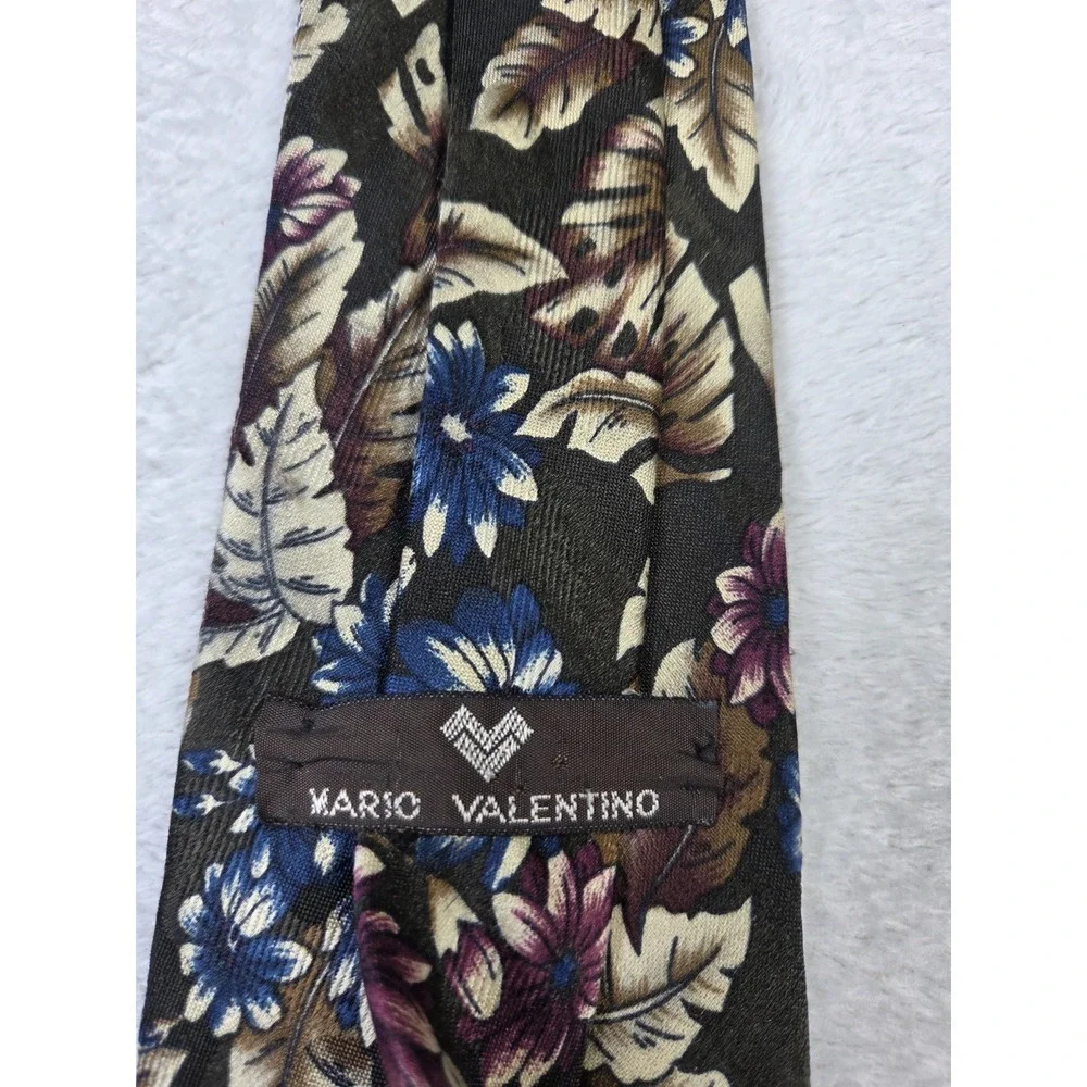 Vintage Mario Valentino Silk Tie Italy Floral Botanical Blue Burgundy Designer